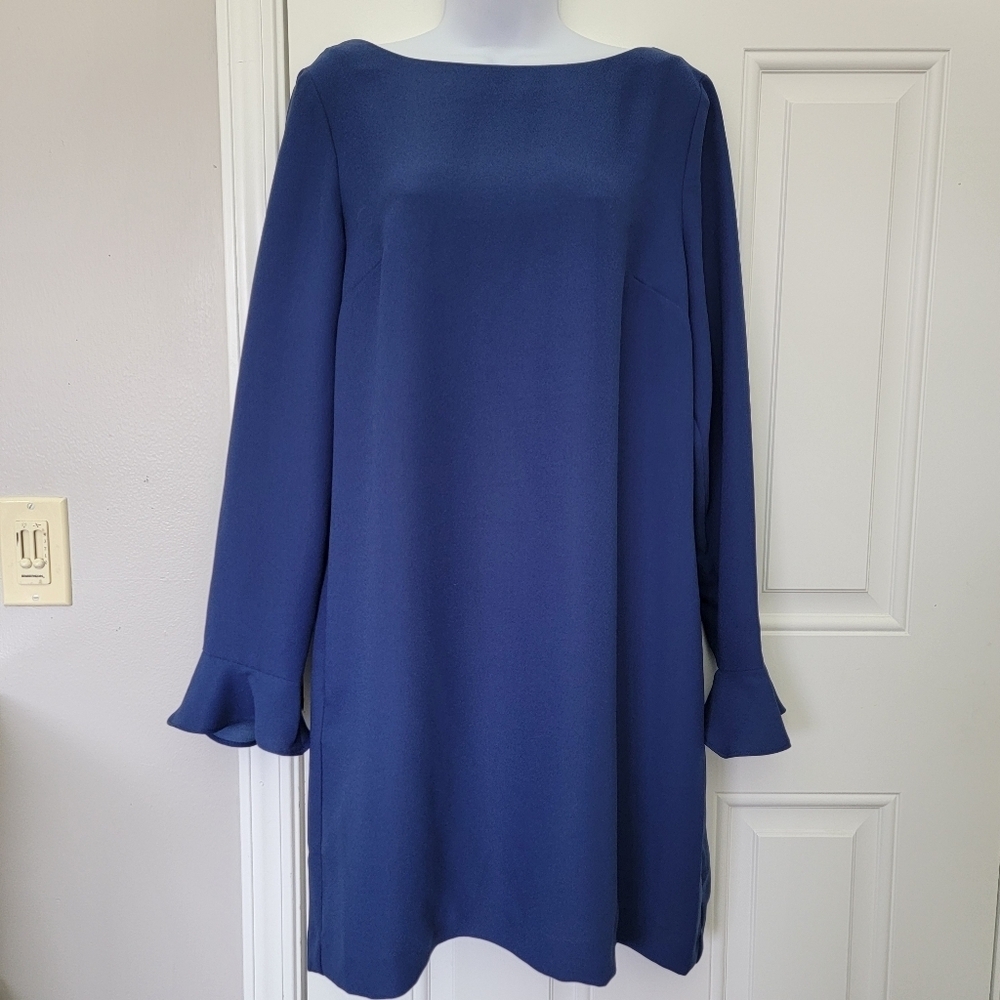 Banana Republic Navy Blue Long Flutter Sleeve Back Button Shift Dress Size 12